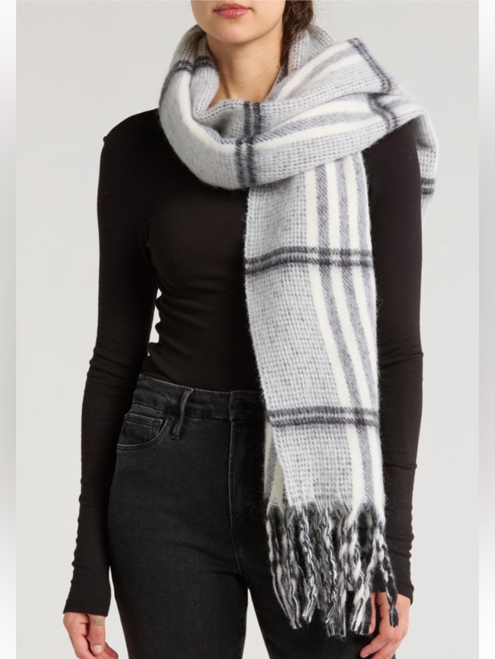 AllSaints Oversize Brushed Check Scarf in Black/Grey NWT